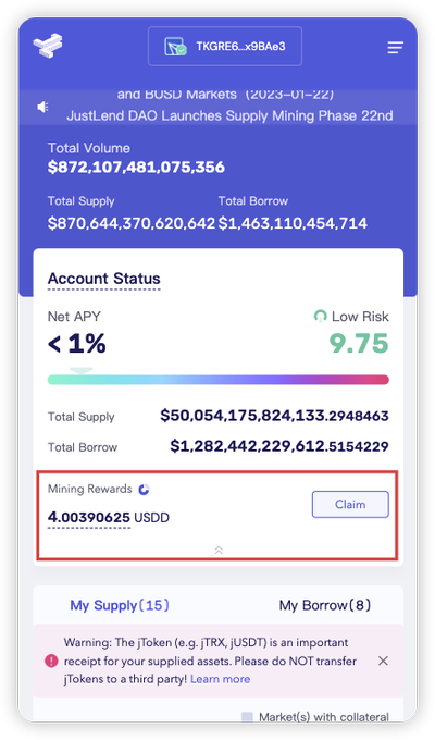 The image shows a cell phone screen displaying information about a cryptocurrency trading app called JustLendDAO, which offers rewards for joining supply mining programs. The user has claimed their Week 3 rewards, indicating that they have completed the program and are now reaping the benefits of their participation. The post suggests that consistency in participating in supply mining programs is key to achieving strong returns in DeFi trading.