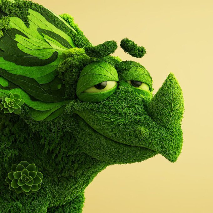 A creative digital artwork depicting a rhinoceros or similar creature formed entirely from green leaves, moss, and plants, set against a pale yellow background.