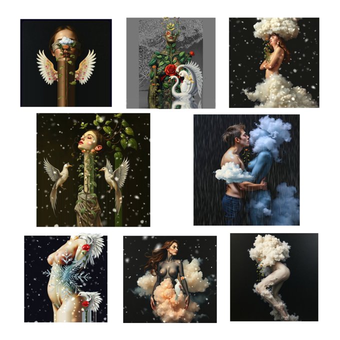 A grid of eight surreal digital art collages featuring figures merged with natural elements like swans, roses, clouds, doves, and snowflakes.