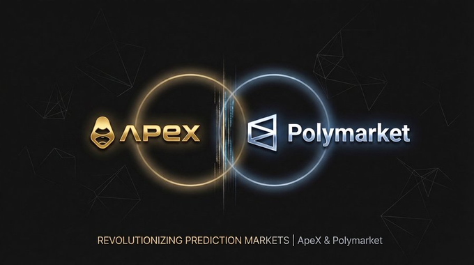 The image features a poster with two logos side by side against a black background. The logo for apex is positioned above the logo for polymarket. Both logos are circular and have a gold color, making them stand out against the dark backdrop. Below the logos, there's text that reads "ApeX Omni × Polymarket Predictions Market Officially Launches! Directly integrates Polymarket' s deep order book and liquidity, no KYC required, no leverage, no risk of liquidation, one-click trading of real-world event outcomes". The text is written in a clear, legible font.