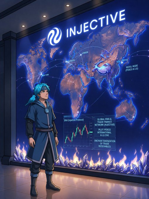 Anime-style artwork showing a blue-haired character standing before a large digital display labeled 'INJECTIVE' featuring a world map, candlestick charts, and text like 'GLOBAL RWA & TRADE FINANCE NETWORK' and 'SEOUL NODE'.