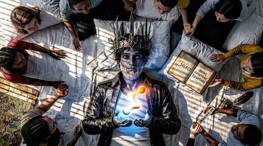 Digital artwork depicting Jesus-like figure with crown of thorns lying on a bed surrounded by praying people, holding a glowing flame, with a book titled 'SELECT EVERYONE TOGETHER'.