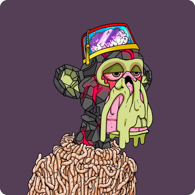 A cartoon illustration of a zombie-like character with green drool, wearing a crown, sitting atop a pile of worms against a purple background.