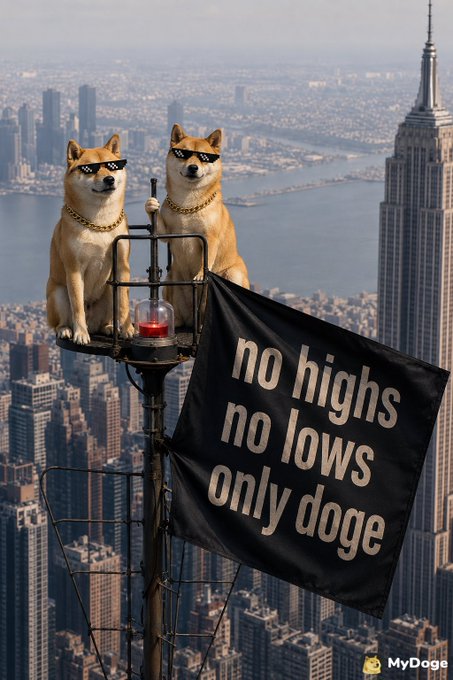 Two Shiba Inu dogs wearing sunglasses and gold chains sit on an antenna platform above New York City with the Empire State Building in the background, holding a black flag that reads 'no highs no lows only doge,' watermarked with 'MyDoge'.