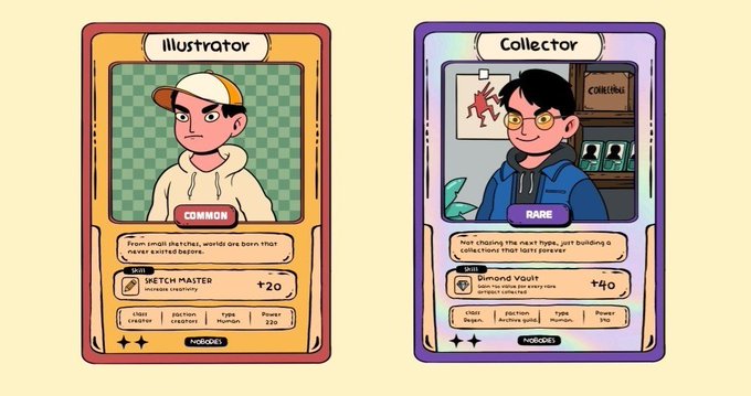 The image features a cartoon-style card divided into two sections, each with a different artist depicted. The top section has an illustration of a male character wearing a hat, while the bottom section displays another figure wearing glasses. The accompanying text provides information about the artists and a special offer to join the Nobodies Club Supply network. It appears that joining will give away 7 GTD spots for noob gamers in exchange for Minting eth Mint dates.
