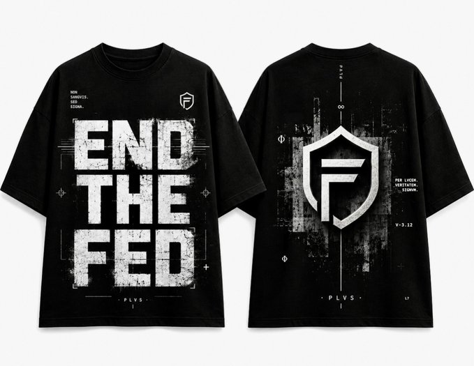 Black t-shirt mockup showing front and back designs with 'END THE FED' in distressed white lettering on the front and a large shield logo on the back, styled like merch.