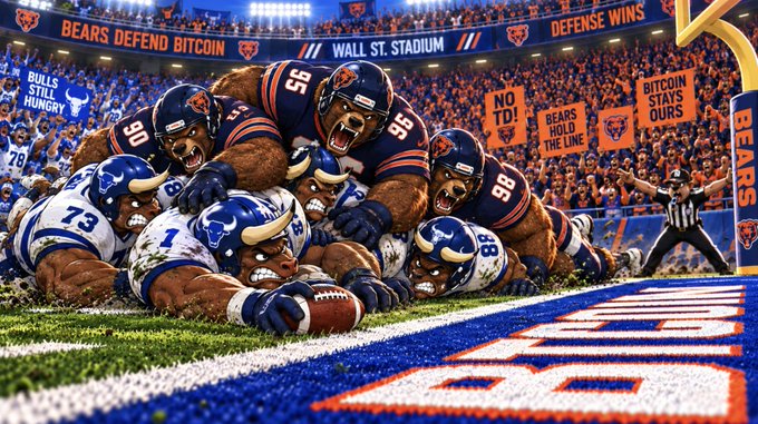 The image depicts a football scene at "Wall St. Stadium" where the "Bears" team (jerseys 56, 55, 98, 97) defensively stack up against the "Bulls" (jerseys 73, 78, 1, 8), who are pushing forward with the football, accompanied by crowd banners reading "Bears Defend Bitcoin," "Defense Wins," "Bitcoin Stays Ours," and "Bears Hold the Line." The visual metaphor illustrates the #Bitcoin post by symbolizing bearish forces stubbornly defending a price floor against bullish momentum, mirroring the classic "bears vs. bulls" market struggle in cryptocurrency trading.