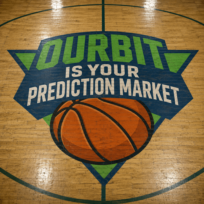 A painted logo on a wooden basketball court floor reads 'DURBIT IS YOUR PREDICTION MARKET' surrounding an orange basketball graphic.