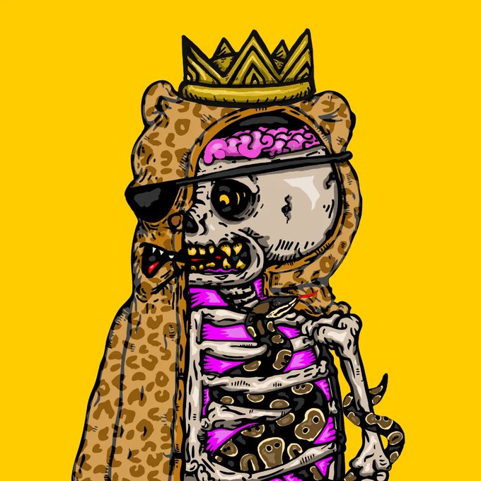 A stylized cartoon illustration depicts a skeletal figure wearing a gold crown, a leopard-print hood, and a pink patterned outfit against a solid yellow background.