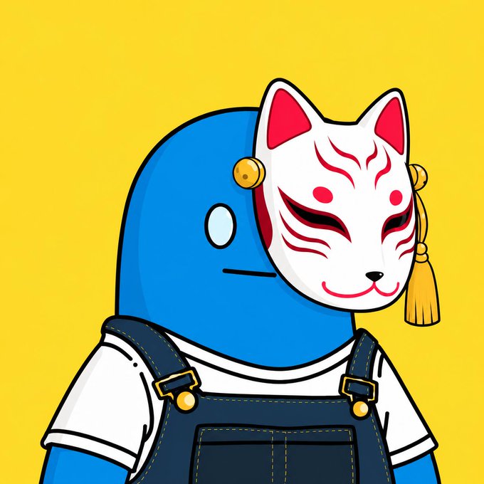 A cartoon illustration of a blue character wearing denim overalls and a white t-shirt, with a traditional Japanese Kitsune (fox) mask on the side of its head.