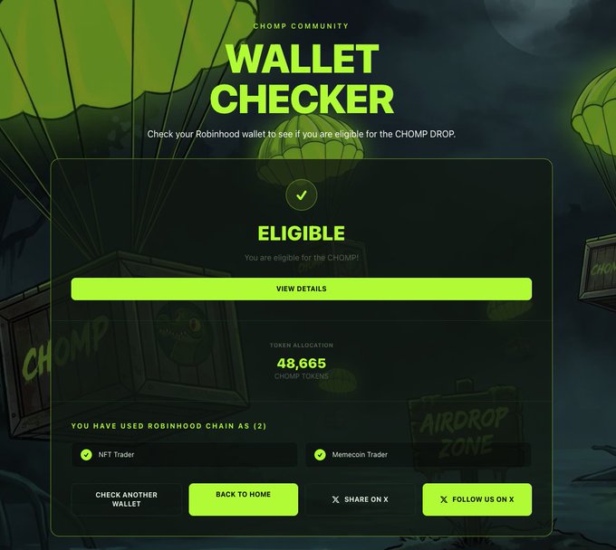 The image shows a "Wallet Checker" result page from the CHOMP Community confirming eligibility for the CHOMP Drop airdrop, displaying a token allocation of 48,665 CHOMP tokens for a wallet that used Robinhood Chain as both an NFT Trader and Memecoin Trader. The post relates by highlighting how active Robinhood users may qualify for crypto airdrops such as $CHOMP, directing viewers to check.chompcoin.fun to verify their eligibility.