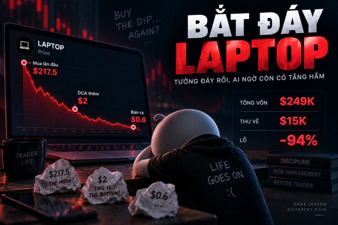 A meme-style infographic about trading titled 'BẮT ĐẤY LAPTOP' showing a dejected trader with statistics: Total capital $249K, revenue $15K, loss -94%, with price points showing $217.5 buy, $2 DCA, and $0.6 sell, labeled 'LIFE GOES ON' and 'SAME LESSON DIFFERENT COIN'.