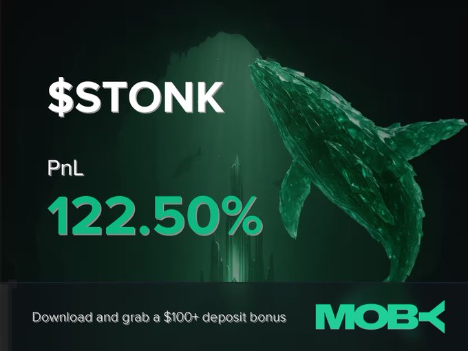 A promotional graphic for '$TONK' showing a PnL of '122.50%' alongside a translucent green whale sculpture in an underwater scene, with text advertising a '$100+ deposit bonus' for MOBK at the bottom.