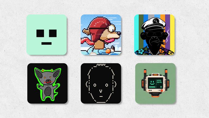 A collection of six digital NFT-style icons arranged in a grid, featuring a green face, a pixelated character with a red hat, a gorilla in a captain's hat, a green chihuahua-like creature, a pixelated face, and a robot device labeled 'Crypto Capital'.