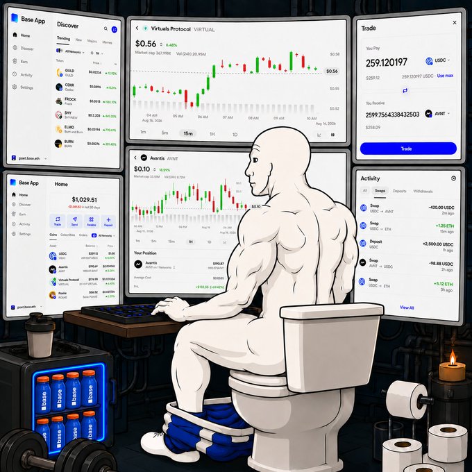 The image shows a person trading cryptocurrencies like VIRTUAL and AVNT on a platform called "Base App", while on the toilet. The post asks, "What’s stopping you from trading like this?", implying that the image represents ultimate trading freedom and dedication.