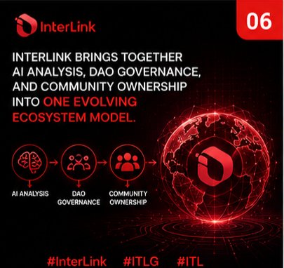 The image features a red globe with a white logo that reads "Interlink" at its center. Below the globe, there are four different icons representing AI analysis, DAO governance, community ownership, and ecosystem model. The text above the image states "InterLink brings together AI analysis, DAO governance, and community ownership into one evolving ecosystem model."