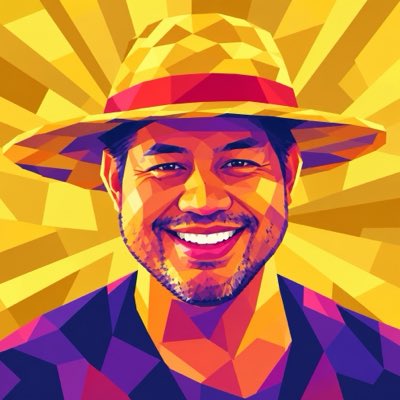 A stylized, low-poly digital illustration of a smiling man with a beard wearing a yellow sun hat and a purple shirt against a yellow sunburst background.