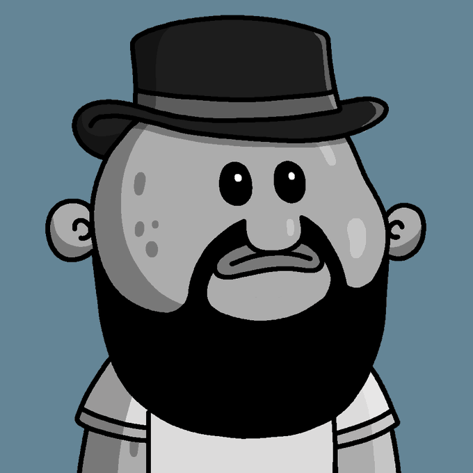 A cartoon illustration shows a gray-skinned, bearded character wearing a black bowler hat and a white shirt against a teal background, likely serving as a profile or community icon associated with the Blobs NFT collection mentioned in the post about mint progress.