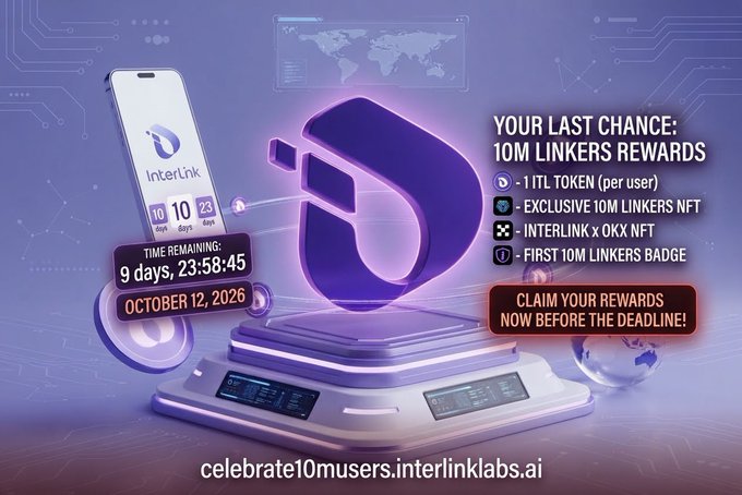 A promotional graphic for InterLink celebrating reaching 10 million users, displaying a countdown timer of 9 days, 23 hours, 58 minutes, and 45 seconds until October 12, 2026, along with rewards including 1 ITL token, exclusive NFTs, and a Linkers badge.