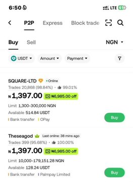 The image shows an OKX P2P trading screen displaying USDT buy offers priced around ₦1,397 per USDT, including merchants like SQUARE-LTD and Thesegod with "₦6,985.00 off" promotional discounts and NGN trading limits. This aligns with the post's instructions to filter for "N50k" and find a merchant offering a ₦6,985 ($5) discount voucher as part of OKX's free $5 P2P promotion.