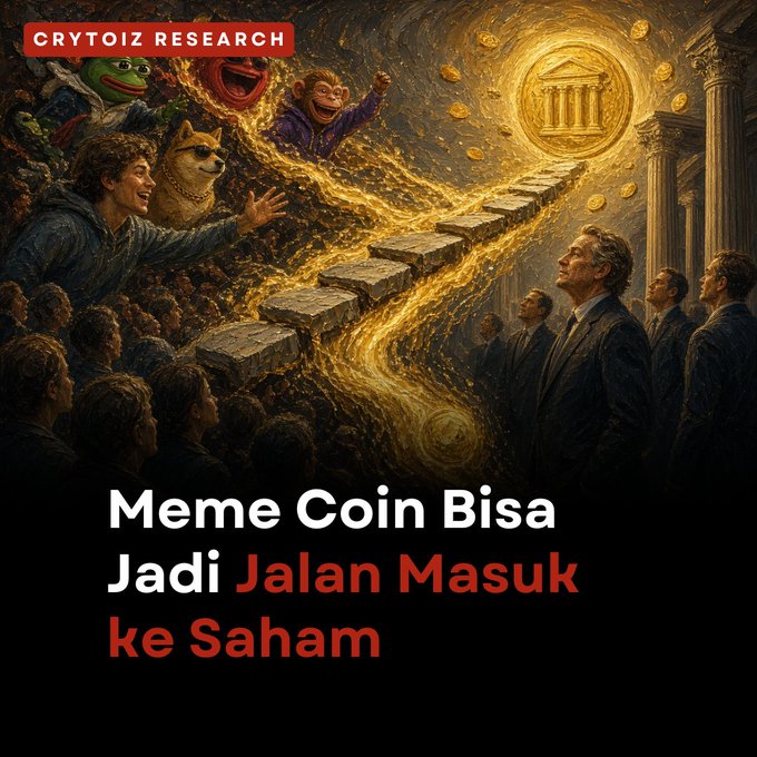 An artistic illustration by Crytoiz Research showing meme coin characters (including Pepe, Doge, and others) on the left with a golden staircase of stone blocks leading up to a glowing temple, with men in suits watching from the right, captioned 'Meme Coin Bisa Jadi Jalan Masuk ke Saham' (Meme Coin Can Be the Gateway to Stocks).