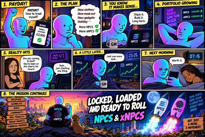 An 8-panel comic promoting 'NPCs & xNPCs' crypto tokens, with panels titled 'Payday!', 'The Plan', 'You know it makes sense...', 'Portfolio Growing', 'Reality Hits', 'A little later...', 'Next morning', and 'The mission continues', ending with 'LOCKED, LOADED AND READY TO ROLL'.