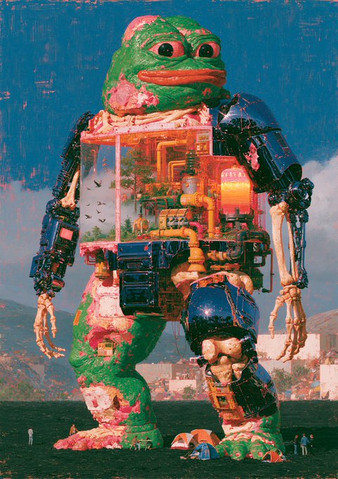 A massive, weathered robot statue of Pepe the Frog with exposed mechanical innards, standing in a landscape with tiny figures around it.