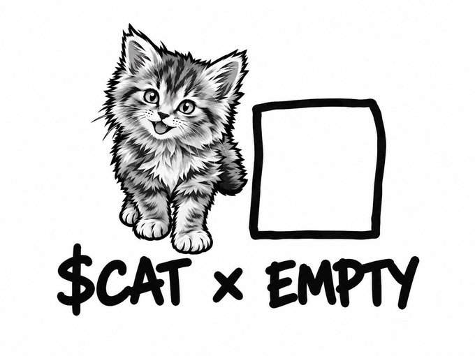 An illustration of a black and white kitten next to an empty square frame, with the handwritten text '$CAT x EMPTY' below.
