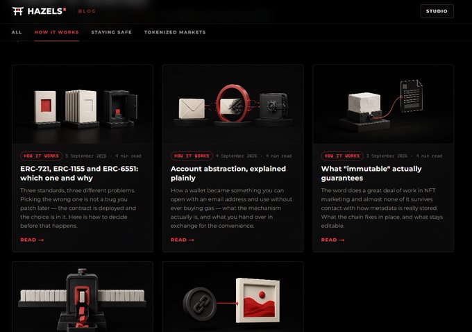 The Hazels Blog homepage displaying articles in the 'HOW IT WORKS' category, including 'ERC-721, ERC-1155 and ERC-6551: which one and why', 'Account abstraction, explained plainly', and 'What "immutable" actually guarantees', all dated September 2026.