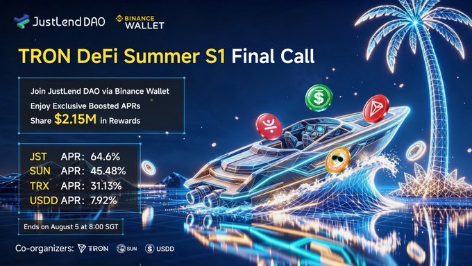 An English version of the promotional banner for 'TRON DeFi Summer S1 Final Call', featuring JustLend DAO and Binance Wallet, displaying the same APR rates and $2.15M in Rewards, with a futuristic boat illustration.
