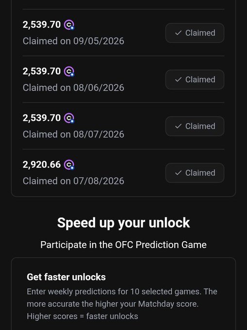 A mobile screen displays four claimed OFC token rewards of 2,539.70 (and 2,920.66) with dates ranging from 07/08/2026 to 09/05/2026, alongside a "Speed up your unlock" section promoting the OFC Prediction Game for faster unlocks. The image supports the post by showing the history of previously claimed OFC vestings, while highlighting that the September 2026 claim remains pending and waiting for resolution.