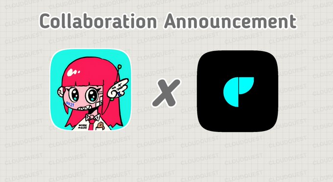 A graphic announcing a "Collaboration Announcement" between two apps, featuring a pink-haired anime-style character icon on the left and a black app icon with a cyan leaf shape on the right, separated by an "X".