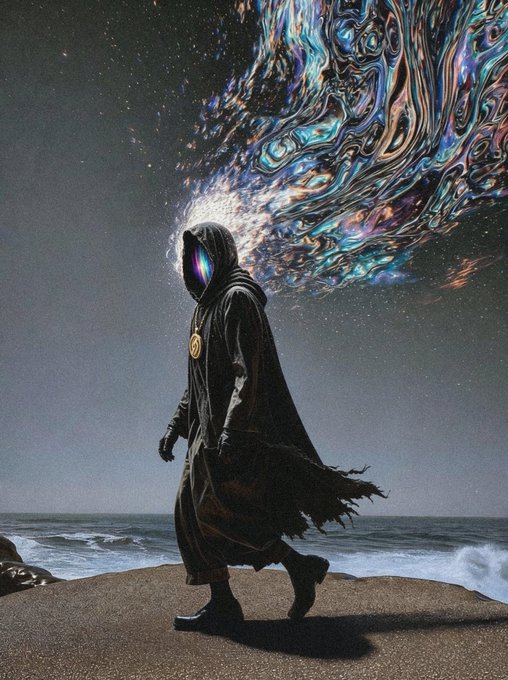 A digital artwork depicts a hooded figure in a dark cloak walking along a beach, with their face obscured by a swirling, iridescent cosmic anomaly.