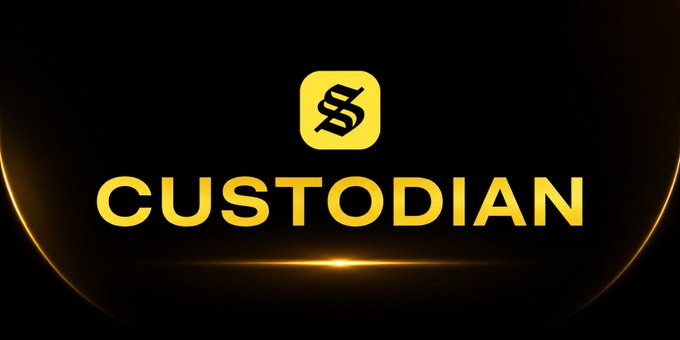 The image features a logo for a company named "CUSTODIAN" written in yellow letters against a black background, with an orange light shining over it. Below the logo, there's text that reads "@solflare - The Custodian behind your assets." This suggests that the company is related to real estate or property management and might be involved in providing services for clients who require assistance with their properties.