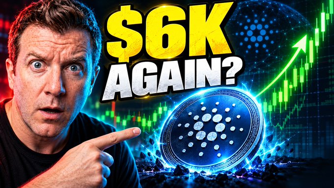 A YouTube-style thumbnail showing a shocked-looking man pointing at a glowing Cardano (ADA) coin, with text '$6K AGAIN?' and an ascending green price chart in the background.