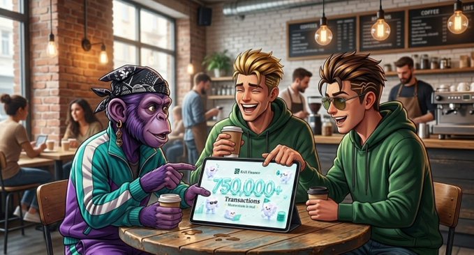 A purple monkey wearing a bandana and green hoodie excitedly shows a tablet displaying "750,000+ Transactions" to two smiling men in green hoodies at a coffee shop, visually celebrating RAX Finance's milestone of crossing 750,000 transactions on the Binance Smart Chain as highlighted in the accompanying post.