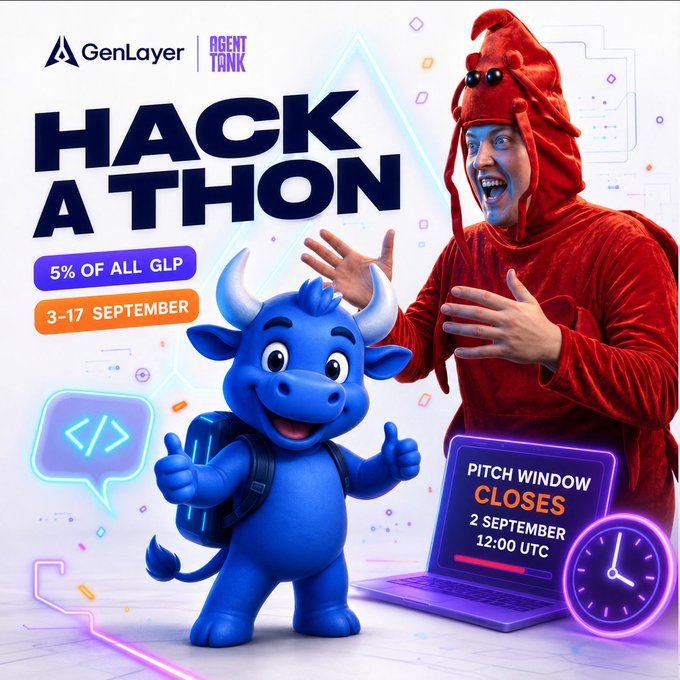 An advertisement for a 'GenLayer Agent Tank HACKATHON' running from 3-17 September, featuring a blue cartoon bull mascot in front of a person in a red costume, with a laptop displaying 'PITCH WINDOW CLOSES 2 SEPTEMBER 12:00 UTC'.