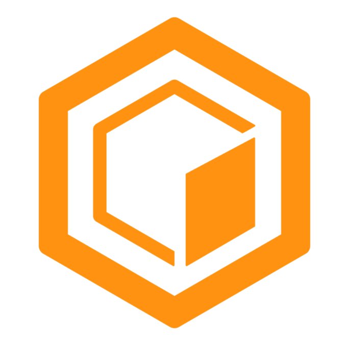 An orange hexagonal logo featuring a stylized 3D cube design on a white background.