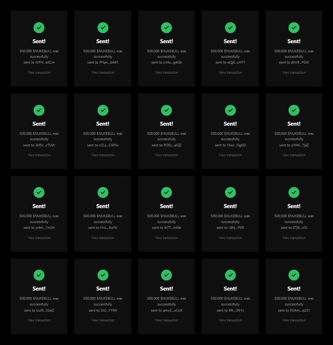 A screenshot showing a grid of 20 successful transaction confirmations, each displaying 'Sent!' with a green checkmark and noting that 500,000 $NUKEBULL was sent to various wallet addresses.