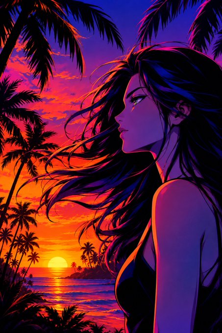 A vibrant digital illustration of a woman in profile with flowing dark hair against a vivid sunset beach scene featuring silhouetted palm trees and a glowing sun in shades of pink, purple, and orange.