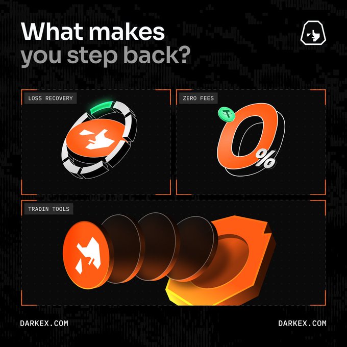 Promotional graphic for Darkex (darkex.com) asking 'What makes you step back?' highlighting features like Loss Recovery, Zero Fees, and Trading Tools with 3D orange coin icons on a dark background.