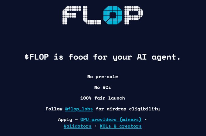 A promotional graphic for '$FLOP' cryptocurrency with pixelated logo text, stating '$FLOP is food for your AI agent' and advertising '100% fair launch' with no pre-sale or VCs.