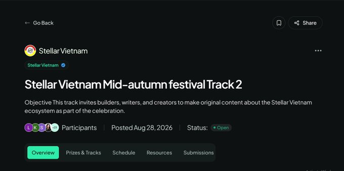A webpage header for 'Stellar Vietnam Mid-autumn festival Track 2' by Stellar Vietnam, with 5 participants, posted Aug 28, 2026, status: Open.