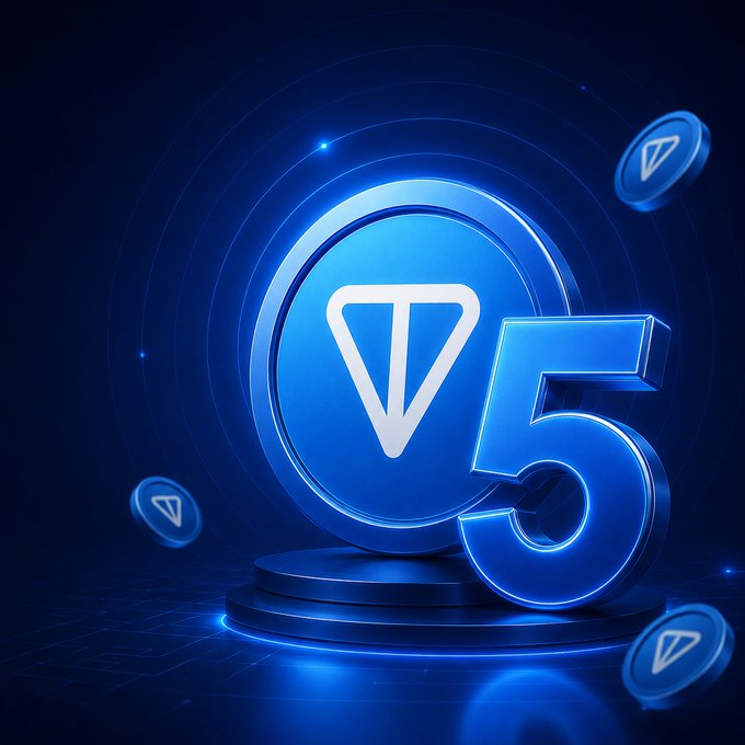The image features a blue circle with a white triangle inside of it, which has the number 5 written on it. There are also five blue coins scattered around the circle. The background of the image is dark blue, and there are several other circles in various sizes and colors floating above the circle. The text "Happy  5th Birthday @ton_blockchain" is present in the image as well.