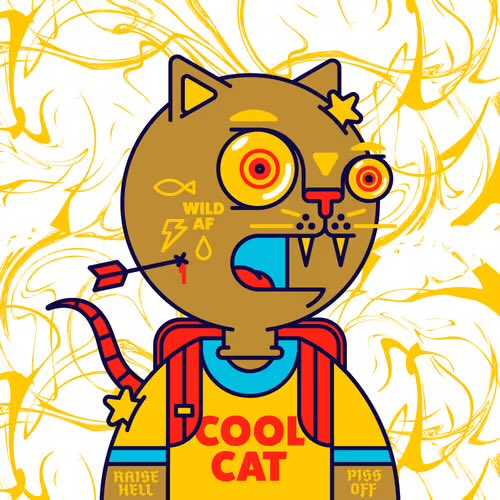 An illustration of a cat with mismatched eyes wearing a shirt that says 'COOL CAT' along with 'WILD AF', 'RAISE HELL', and 'PISS OFF'.