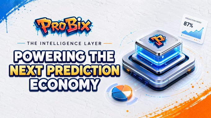 A promotional graphic for ProBix reads “The Intelligence Layer — Powering the Next Prediction Economy,” alongside a prediction index showing 87% and AI data visualization. It reflects the ProBix × Prism Network collaboration, highlighting ProBix’s match data, probability shifts, and AI-powered prediction signals as part of the broader prediction market ecosystem.