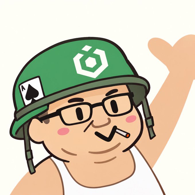 A cartoon-style avatar illustration shows a cheerful character wearing a green military helmet with a hexagonal logo and an Ace of Spades card, black glasses, a white tank top, and a cigarette in mouth, waving.