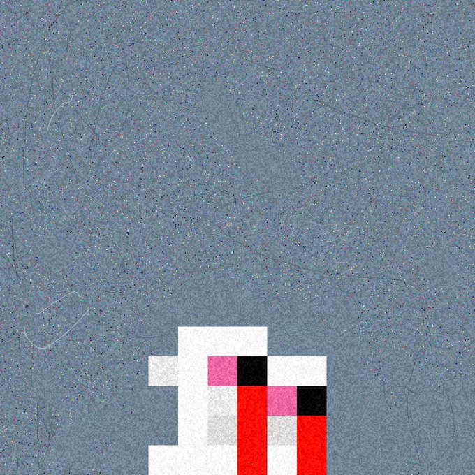 A pixel art "Fake Wojak" character with a wide-eyed, tongue-out expression peeks up from the bottom of a grey, glitchy background, matching the post's description of a "clean Fake Wojack with grey background" as a rare Creep Kids NFT collectible.
