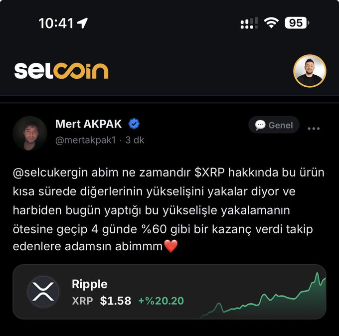 A screenshot from the Selcoin app shows a pinned post by Mert AKPAK (@mertakpak1) praising Selcuk Ergin for highlighting XRP's rapid rise, noting a ~60% gain in just 4 days, alongside an embedded XRP price widget displaying $1.58 (+20.20%).
