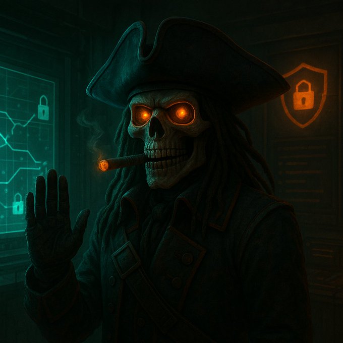 A stylized digital artwork of a skull-faced pirate with glowing orange eyes, smoking a cigar, standing before glowing green digital locks and an orange security shield.